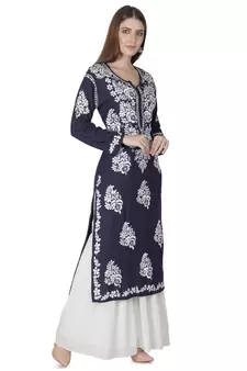 Hand Embroidered Navy Blue Cotton Lucknowi Chikankari Kurti