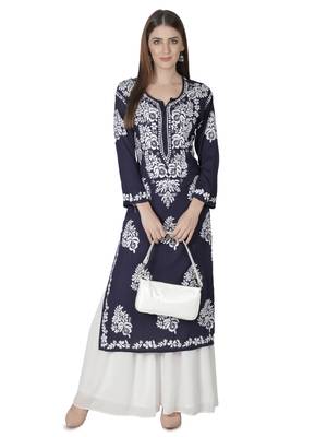 Hand Embroidered Navy Blue Cotton Lucknowi Chikankari Kurti 4