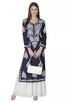 Hand Embroidered Navy Blue Cotton Lucknowi Chikankari Kurti