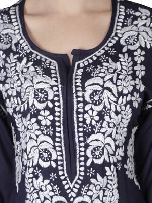 Hand Embroidered Navy Blue Cotton Lucknowi Chikankari Kurti 5