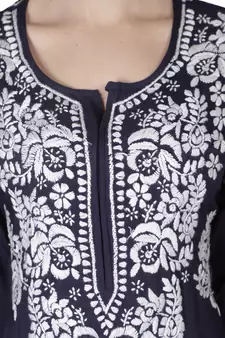 Hand Embroidered Navy Blue Cotton Lucknowi Chikankari Kurti