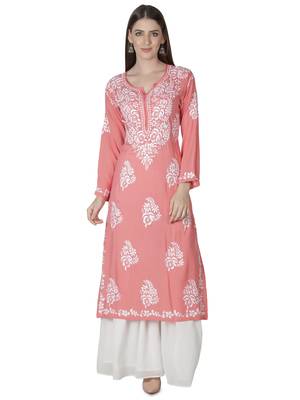 Seva Chikan Hand Embroidered Pink Cotton Lucknowi Chikankari Kurti 1