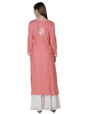 Seva Chikan Hand Embroidered Pink Cotton Lucknowi Chikankari Kurti 2