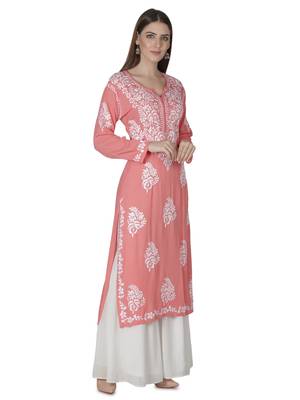 Seva Chikan Hand Embroidered Pink Cotton Lucknowi Chikankari Kurti 3