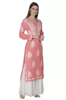 Seva Chikan Hand Embroidered Pink Cotton Lucknowi Chikankari Kurti