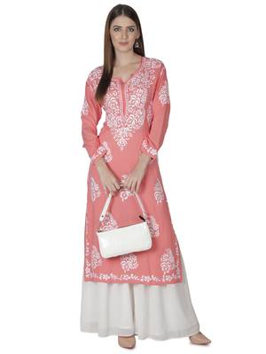 Seva Chikan Hand Embroidered Pink Cotton Lucknowi Chikankari Kurti 4