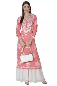 Seva Chikan Hand Embroidered Pink Cotton Lucknowi Chikankari Kurti