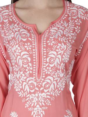 Seva Chikan Hand Embroidered Pink Cotton Lucknowi Chikankari Kurti 5