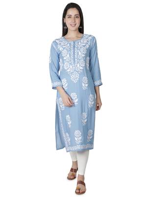 Hand Embroidered Blue  Cotton  Lucknowi Chikankari Kurti 1