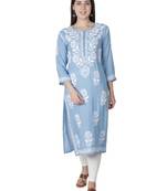 Hand Embroidered Blue  Cotton  Lucknowi Chikankari Kurti