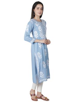 Hand Embroidered Blue  Cotton  Lucknowi Chikankari Kurti 3