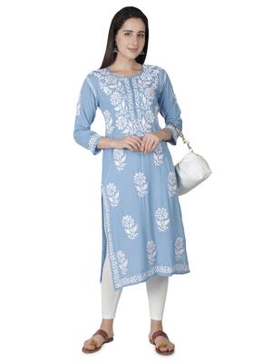 Hand Embroidered Blue  Cotton  Lucknowi Chikankari Kurti 4