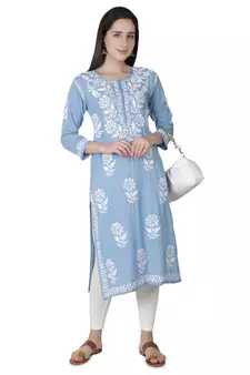 Hand Embroidered Blue  Cotton  Lucknowi Chikankari Kurti