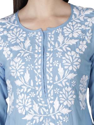 Hand Embroidered Blue  Cotton  Lucknowi Chikankari Kurti 5