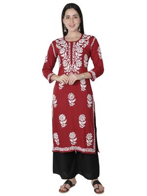 Seva Chikan Hand Embroidered Maroon Cotton Lucknowi Chikankari Kurti 1
