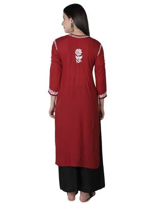 Seva Chikan Hand Embroidered Maroon Cotton Lucknowi Chikankari Kurti 2