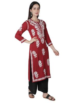 Seva Chikan Hand Embroidered Maroon Cotton Lucknowi Chikankari Kurti 3