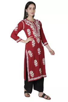 Seva Chikan Hand Embroidered Maroon Cotton Lucknowi Chikankari Kurti