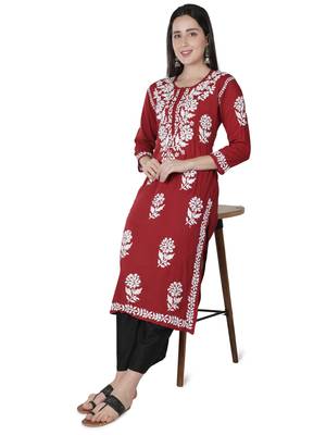 Seva Chikan Hand Embroidered Maroon Cotton Lucknowi Chikankari Kurti 4