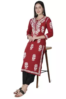 Seva Chikan Hand Embroidered Maroon Cotton Lucknowi Chikankari Kurti