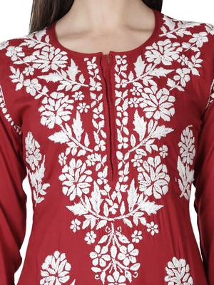 Seva Chikan Hand Embroidered Maroon Cotton Lucknowi Chikankari Kurti 5