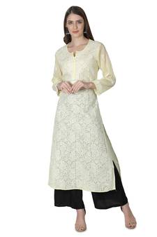 Hand Embroidered Lemon Cotton Lucknowi Chikankari Kurti