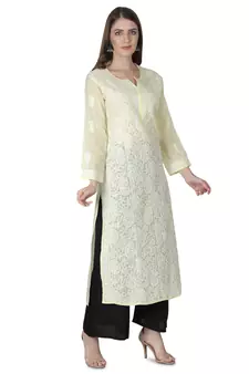 Hand Embroidered Lemon Cotton Lucknowi Chikankari Kurti