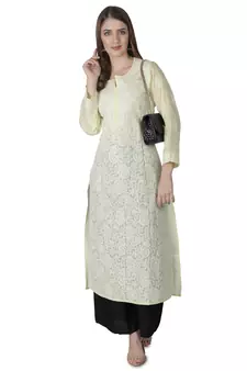 Hand Embroidered Lemon Cotton Lucknowi Chikankari Kurti