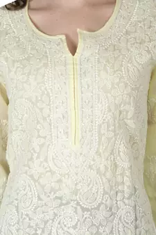 Hand Embroidered Lemon Cotton Lucknowi Chikankari Kurti