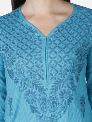 Seva Chikan Hand Embroidered Blue Cotton Lucknowi Chikankari Kurti 6