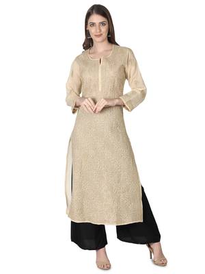 Hand Embroidered Fawn Cotton Lucknowi Chikankari Kurti 1
