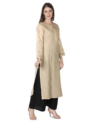 Hand Embroidered Fawn Cotton Lucknowi Chikankari Kurti 3