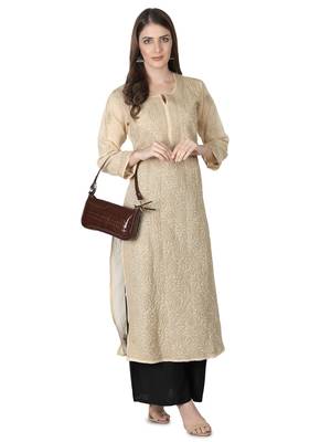 Hand Embroidered Fawn Cotton Lucknowi Chikankari Kurti 4