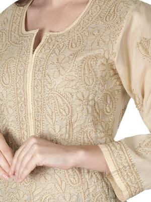 Hand Embroidered Fawn Cotton Lucknowi Chikankari Kurti 5