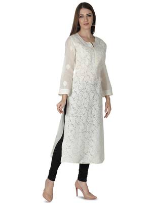Hand Embroidered Cream Cotton Lucknowi Chikankari Kurti 3