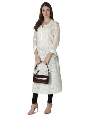 Hand Embroidered Cream Cotton Lucknowi Chikankari Kurti 4