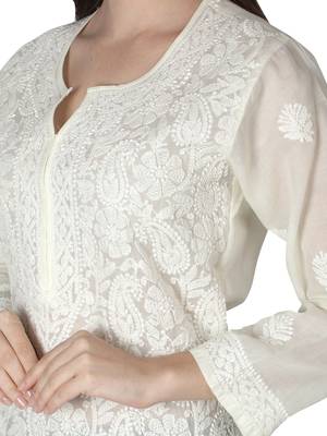 Hand Embroidered Cream Cotton Lucknowi Chikankari Kurti 5