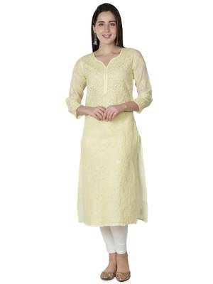 Hand Embroidered Lemon Cotton Lucknowi Chikankari kurti 1