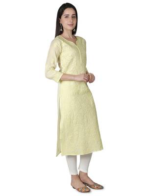 Hand Embroidered Lemon Cotton Lucknowi Chikankari kurti 3