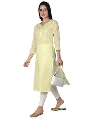 Hand Embroidered Lemon Cotton Lucknowi Chikankari kurti 4