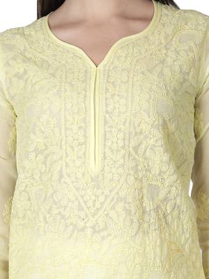 Hand Embroidered Lemon Cotton Lucknowi Chikankari kurti 5