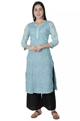 Hand Embroidered Blue Cotton Lucknowi Chikankari Kurti