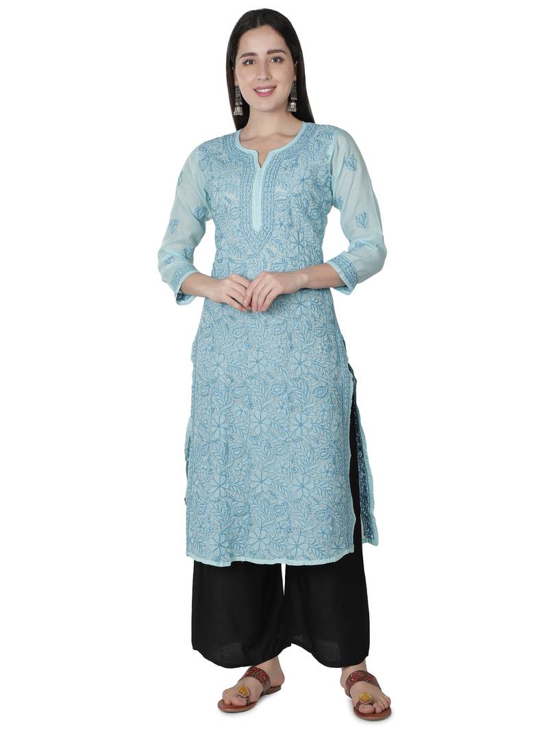 Hand Embroidered Blue Cotton Lucknowi Chikankari Kurti