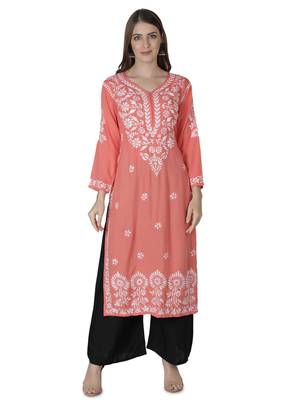 Hand Embroidered Peach Cotton Lucknowi Chikankari Kurti 1