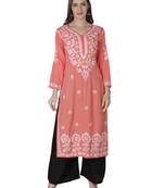 Hand Embroidered Peach Cotton Lucknowi Chikankari Kurti