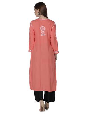 Hand Embroidered Peach Cotton Lucknowi Chikankari Kurti 2