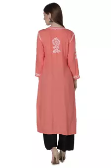 Hand Embroidered Peach Cotton Lucknowi Chikankari Kurti