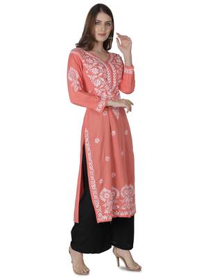 Hand Embroidered Peach Cotton Lucknowi Chikankari Kurti 3