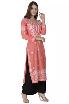 Hand Embroidered Peach Cotton Lucknowi Chikankari Kurti