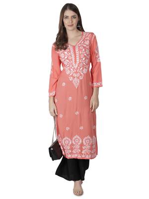 Hand Embroidered Peach Cotton Lucknowi Chikankari Kurti 4